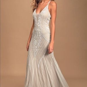NEW Lulu’s This I Promise You White And Nude Beaded Sequin Maxi Dress